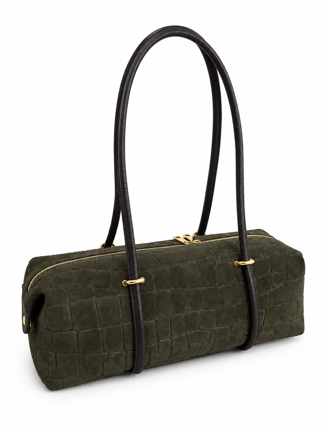 Vittoria – Croc-Embossed Suede Boston Bag – colore Verde militare | Atelier Madreperla