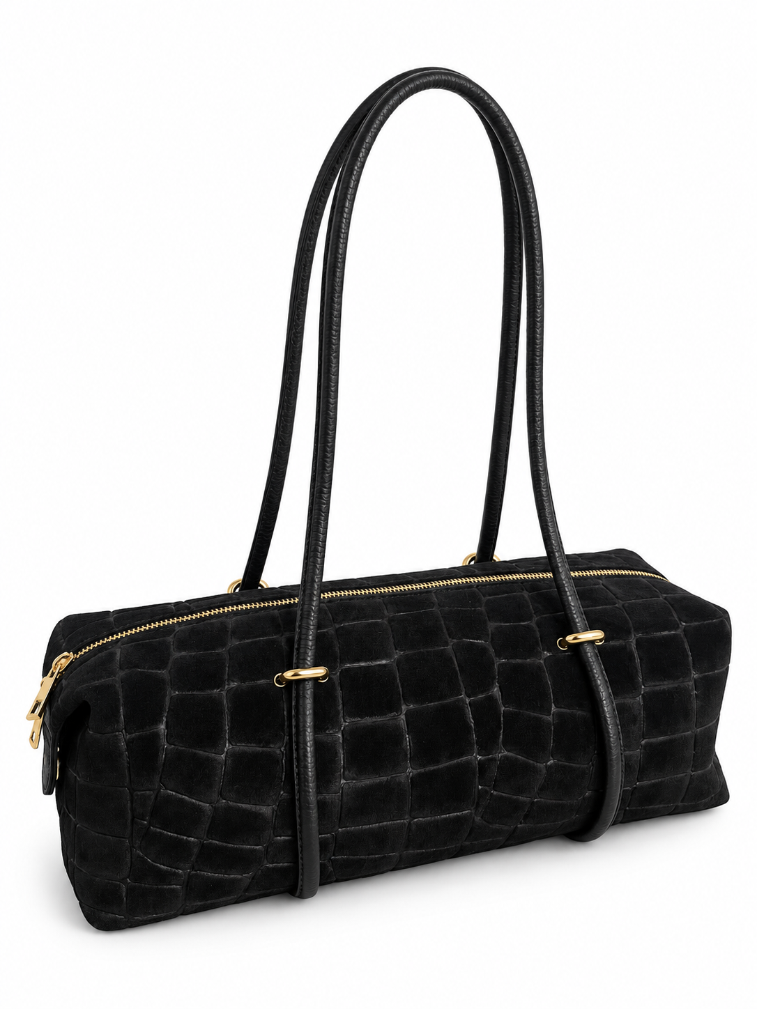 Vittoria – Croc-Embossed Suede Boston Bag – colore Nero | Atelier Madreperla