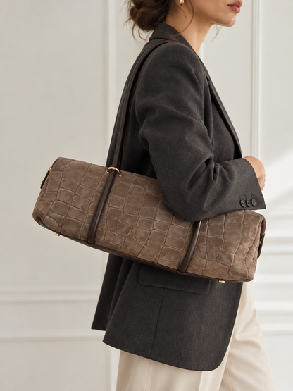 Borsa Boston Vittoria in camoscio stampato coccodrillo
