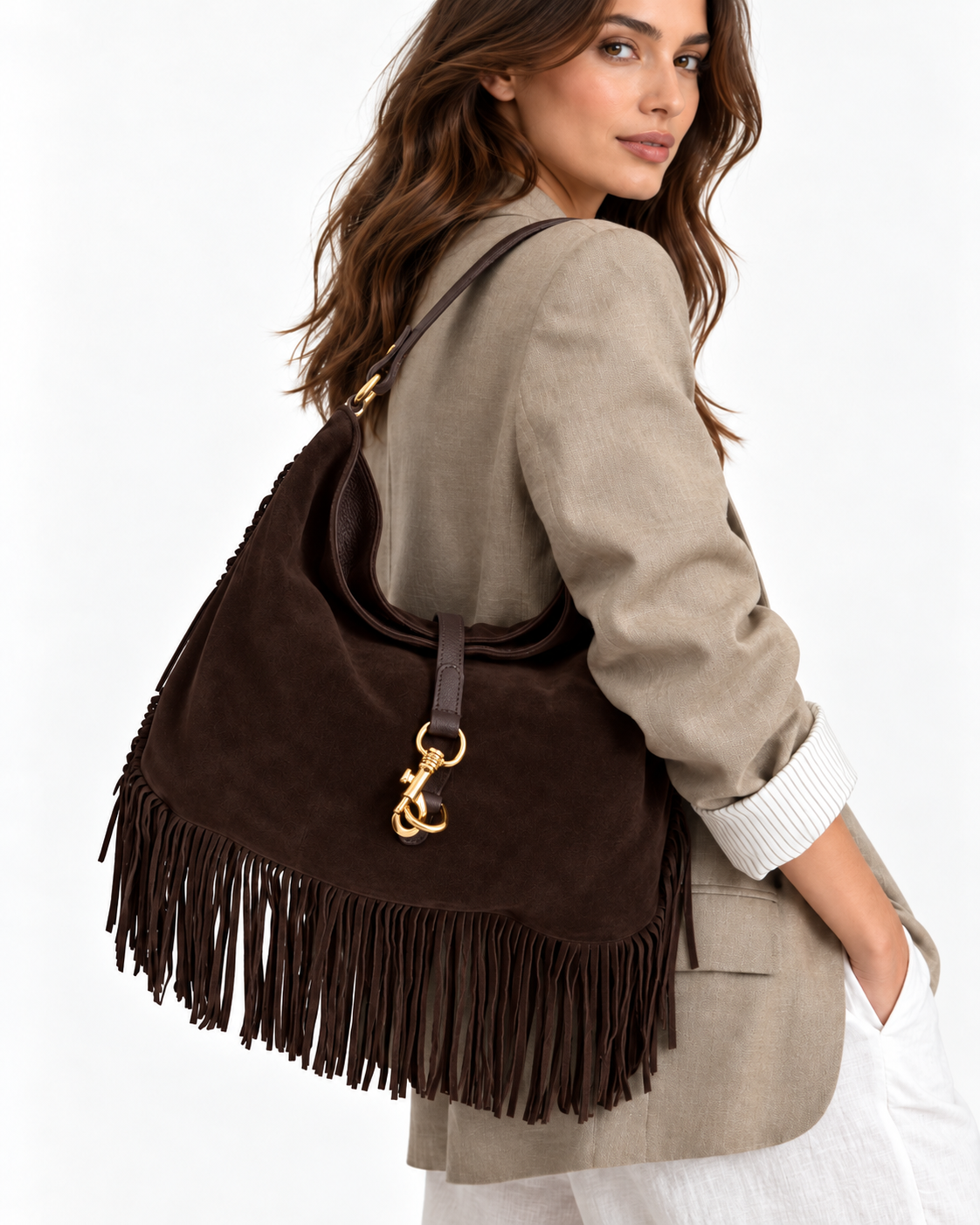 Borsa Nina in camoscio con frange, Atelier Madreperla