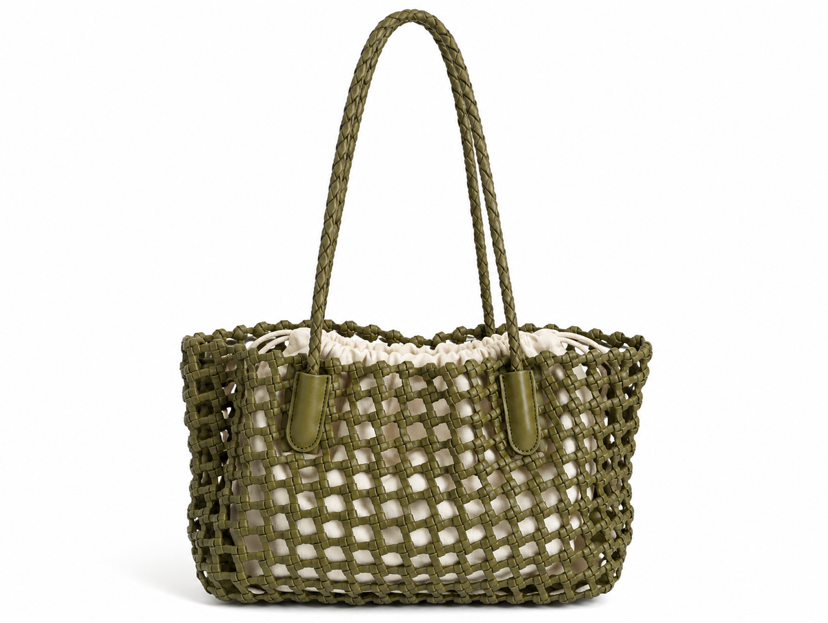 Isabella – Full-Grain Woven Leather Tote – colore Verde oliva | Atelier Madreperla