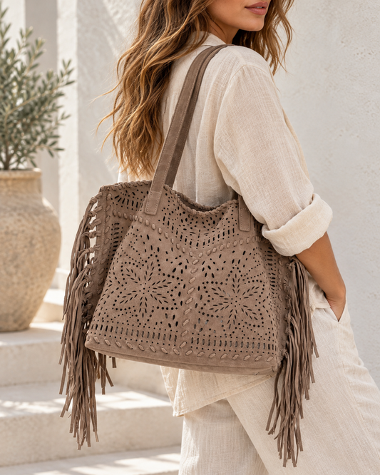 Borsa tote Sofia in camoscio con frange, Atelier Madreperla